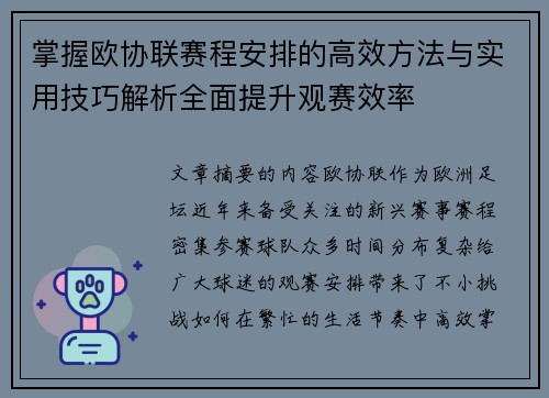 掌握欧协联赛程安排的高效方法与实用技巧解析全面提升观赛效率